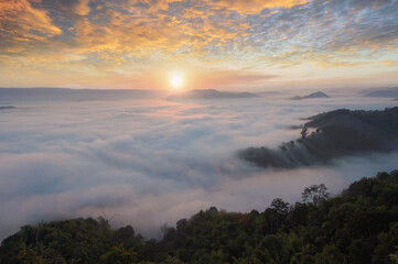 Beautiful sunshine at misty morning mountains,Foggy Landscape. Early Morning Mist