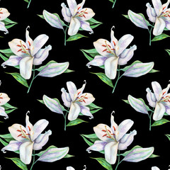 Seamless pattern with watercolor white lilies on black background