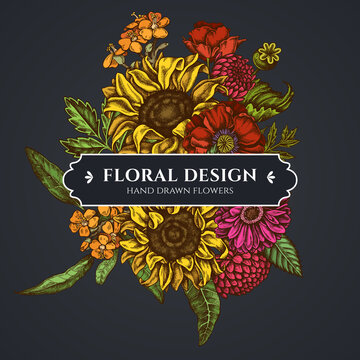 Floral bouquet dark design with poppy flower, gerbera, sunflower, milkweed, dahlia, veronica