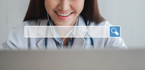 Searching browsing internet bar over background is Asian therapist doctor is online visiting with a...