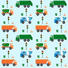 Seamless pattern with garbage truck, skip loader truck, concrete mixer truck, lorry truck, traffic light, trash can.