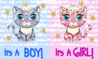 Baby Shower greeting card with Cute Kittens boy and girl