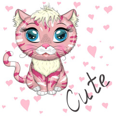 Pink and spotted cat with beautiful eyes in cartoon style, colorful illustration for children.