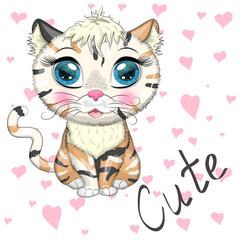 Yellow and spotted cat with beautiful eyes among flowers and balloons in cartoon style, colorful illustration for children. Greeting card