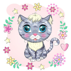 Cat boy gray and spotted with beautiful eyes among flowers and balloons in cartoon style, colorful illustration for children. Greeting card