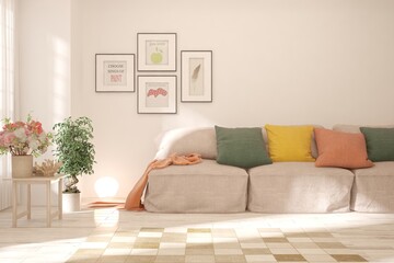 White living room with sofa. Scandinavian interior design. 3D illustration