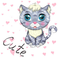 Cat boy gray and spotted with beautiful eyes among flowers and balloons in cartoon style, colorful illustration for children. Greeting card