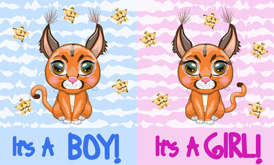 Caracal steppe lynx with beautiful eyes in cartoon style, colorful illustration for children. Caracal cat with characteristic ears, spots and color