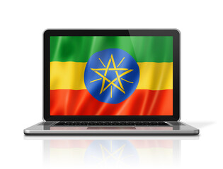 Ethiopian flag on laptop screen isolated on white. 3D illustration