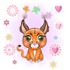 Caracal steppe lynx with beautiful eyes in cartoon style, colorful illustration for children. Caracal cat with characteristic ears, spots