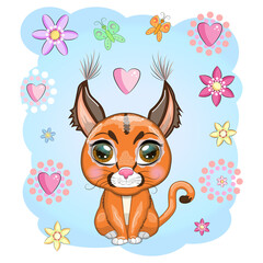 Caracal steppe lynx with beautiful eyes in cartoon style, colorful illustration for children. Caracal cat with characteristic ears, spots