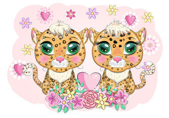 Leopard with beautiful eyes in cartoon style, colorful illustration for children. Leopard cat with characteristic spots