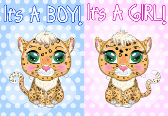 Leopard with beautiful eyes in cartoon style, colorful illustration for children. Leopard cat with characteristic spots
