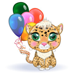 Leopard with beautiful eyes in cartoon style, colorful illustration for children. Leopard cat with characteristic spots