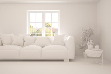 Mock up of minimalist living room in white color with sofa. Scandinavian interior design. 3D illustration