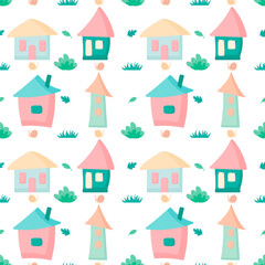 Vector seamless pattern with a cute houses and flowers on a white background. The illustration of the houses and plants.