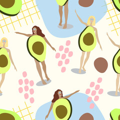 Seamless pattern of a girl, avocado, mesh, blue spot, pink spots on a light yellow background. For textiles, fabrics, wallpapers, packaging, websites. Vector eps10
