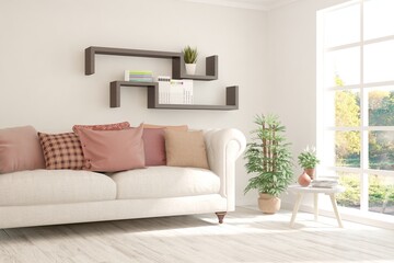 Stylish room in white color with sofa and autumn landscape in window. Scandinavian interior design. 3D illustration