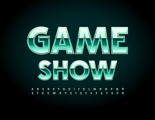 Vector modern flyer Game Show. Green glossy Font. Metallic luxury Alphabet Letters and Numbers set