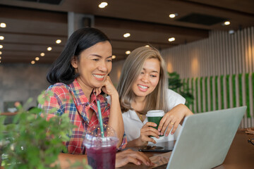 Female studying the local coffee shop. Two women discussing business projects in a cafe while having coffee. Startup, ideas and brain storm concept. Smiling friends with hot drink using laptop in cafe