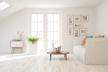 White living room with sofa. Scandinavian interior design. 3D illustration