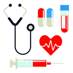 Medical Hospital Stethoscope, Capsules, lab test tube, heart beat, blood and injection Flat Icons