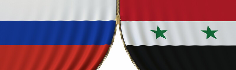 Russia and Syria cooperation or conflict, flags and closing or opening zipper between them. Conceptual 3D rendering