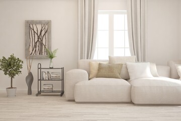 White living room with sofa. Scandinavian interior design. 3D illustration