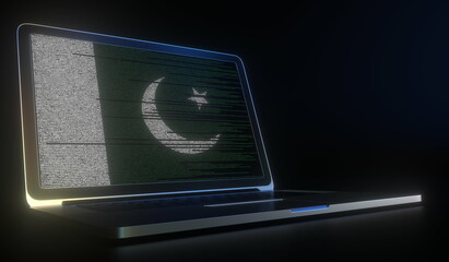 Open laptop and computer code on the screen composing flag of Pakistan. Modern information technology related 3d rendering