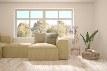Stylish room in white color with sofa and autumn landscape in window. Scandinavian interior design. 3D illustration
