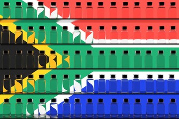 Glass vaccine vials on the shelves and flag of South Africa. Vaccination related conceptual 3D rendering
