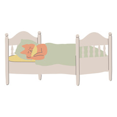 Cute baby fox is sleeping in his bed. Happy sweet little boy. Concept with character in flat style.