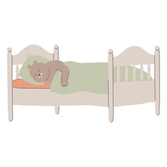 Cute baby bear is sleeping in his bed. Happy sweet little boy. Concept with character in flat style.
