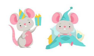 Cute Grey Mouse Character in Night Cap Under Blanket and Holding Gift Box Vector Set