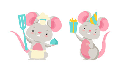 Cute Grey Mouse Character in Apron Cooking and Holding Gift Box Vector Set