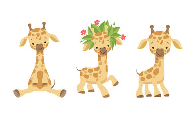 Obraz na płótnie Canvas Cute Spotted Baby Giraffe with Long Neck Sitting and Wearing Floral Wreath Vector Set