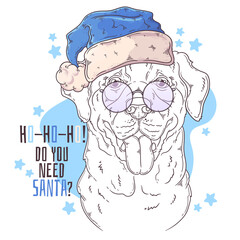 Hand drawn dog portrait with Christmas accessories Vector