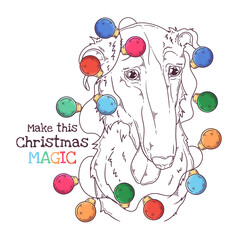 Hand drawn dog portrait with Christmas accessories Vector