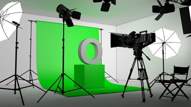 3D illustration of photo studio equipment setup with the letter O on a green screen