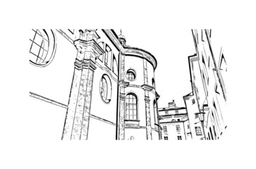Building view with landmark of Innsbruck is the 
city in Austria. Hand drawn sketch illustration in vector.