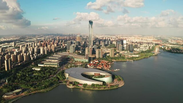 CBD buildings by Jinji Lake in Suzhou, China.