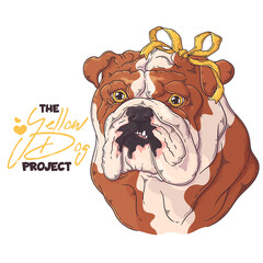 Hand drawn dog portrait with yellow ribbon Vector.