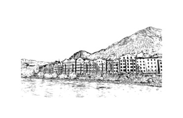 Building view with landmark of Innsbruck is the 
city in Austria. Hand drawn sketch illustration in vector. - obrazy, fototapety, plakaty