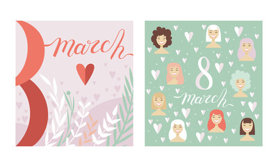 International Women Day Card as Global Holiday Greeting Vector Set