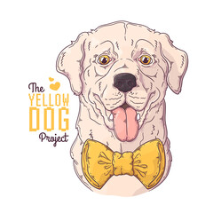 Hand drawn dog portrait with yellow ribbon Vector.