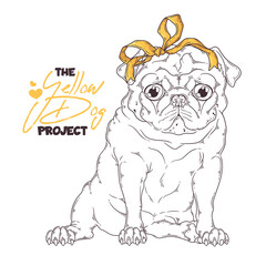 Hand drawn dog portrait with yellow ribbon Vector.