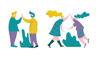 People Character Giving High Five Interacting with Each Other Vector Set