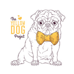 Hand drawn dog portrait with yellow ribbon Vector.