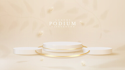 White podium with 3d ball luxury and leaf shadow element, realistic style background, Empty space to place products or text for advertising. vector illustration.