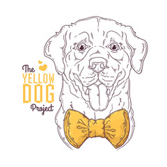 Hand drawn dog portrait with yellow ribbon Vector.